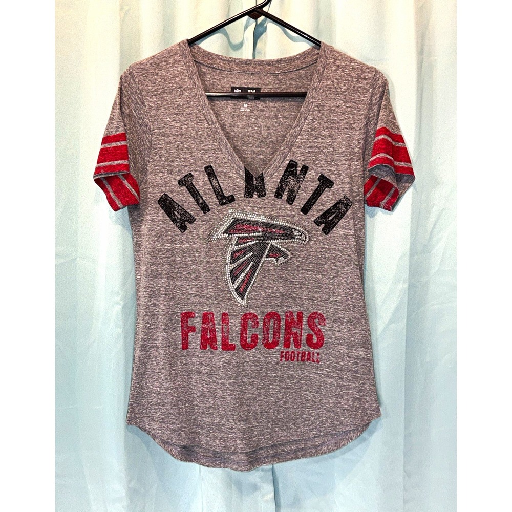 SOFT Atlanta Falcons NFL Women's V-Neck Shirt, Gray, Size M Rhinestones BLING